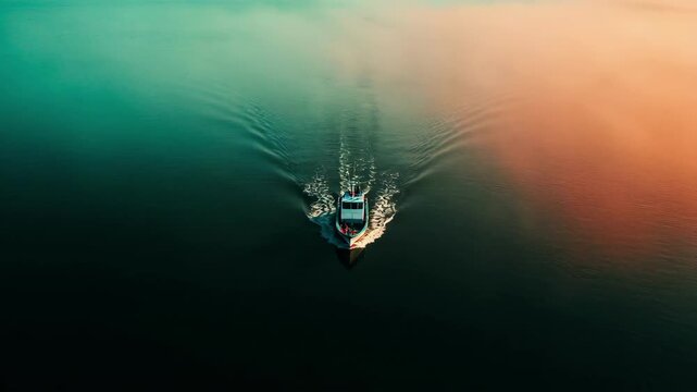 Aerial Boat Crossing Calm Sunrise Sea.