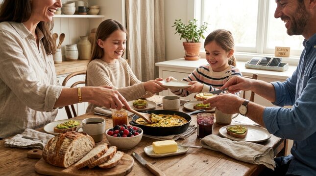 Happy family sharing breakfast at a cozy dining table, parents and two young girls passing plates and toast in a warm sunlit kitchen, creating a relaxed home meal scene for family living themes