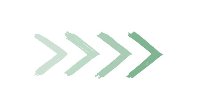 Green brush stroke arrows animation, hand-drawn directional chevron sequence on white background