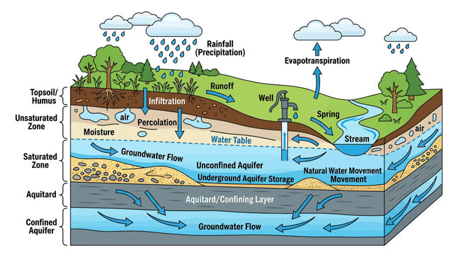 Groundwater Hydrology Diagram: Water Cycle and Aquifers