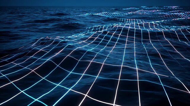 Blue Wireframe Terrain With Futuristic Grid.