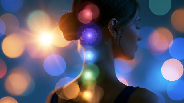 silhouette of a woman with glowing chakra points displayed against a bright background, spiritual energy healing concept, meditation, colorful, bright, with copy space