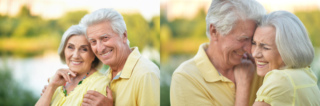 Happy senior couple outdoors smiling and embracing