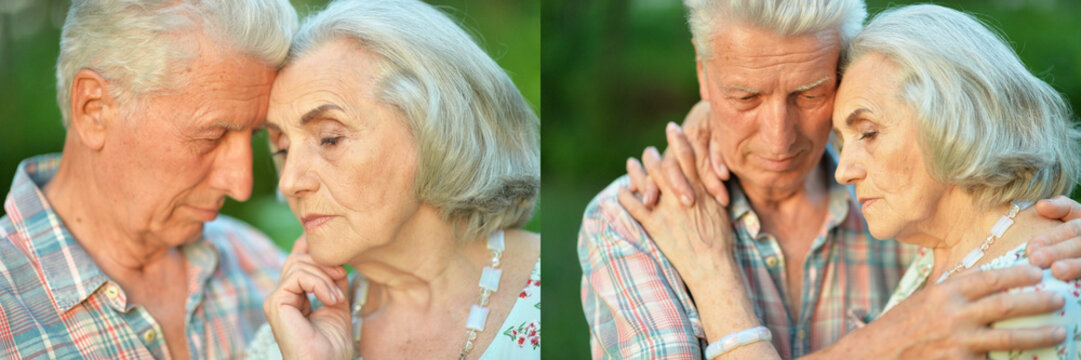 Elderly couple holding hands and embracing outdoors