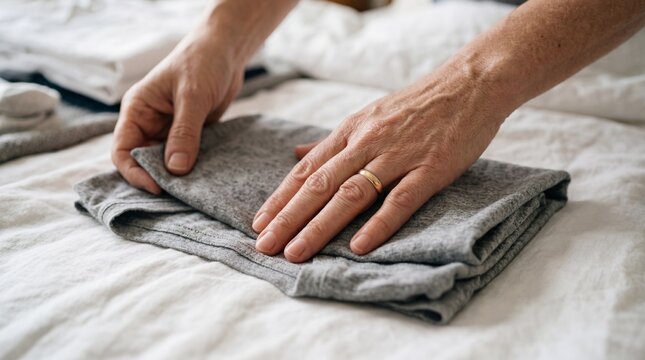 Close up of hands folding clean grey laundry on a white bed sheet at home
