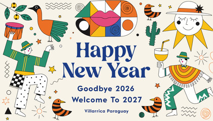Fototapeta premium happy new year 2027 colorful illustration with people and animals