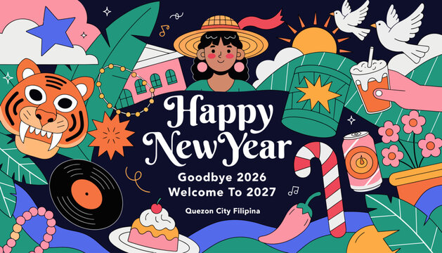 happy new year 2027 celebration with colorful cartoon characters