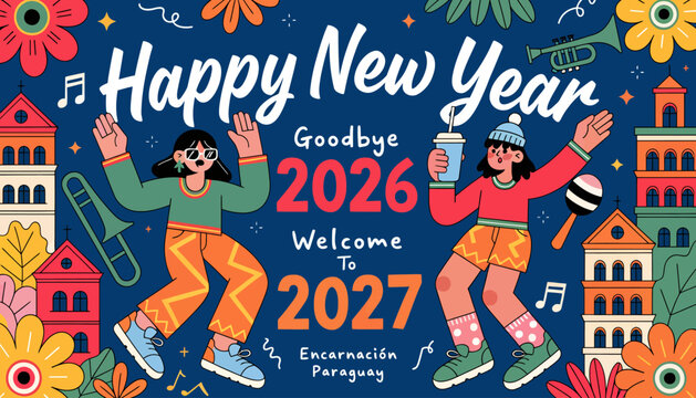 Happy New Year 2027 celebration with dancing people