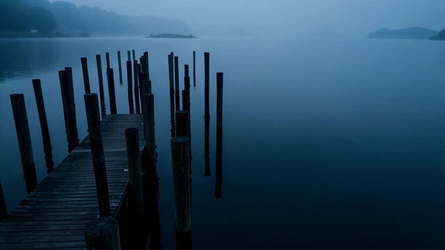 Misty Wooden Pier Posts Over Blue Water.