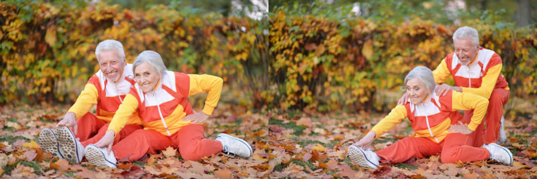 Senior couple and friends relaxing outdoors in autumn park