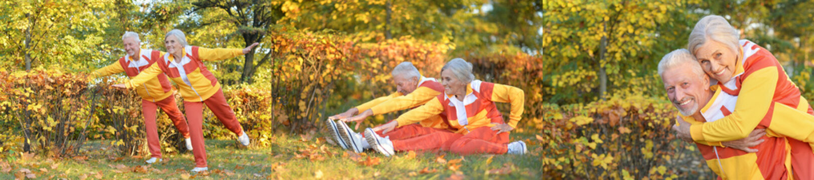 Active Senior Couple and Friends Exercising Outdoors in Autumn Park