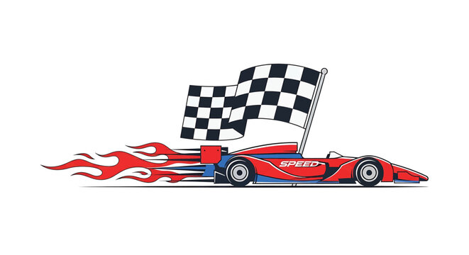 Racing speed car with hot flames design elements and checkered flag symbol on white background for autocross competition poster vector illustration
