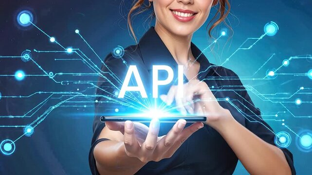 Woman Holding a Tablet with the Word API and Futuristic Connection Lines