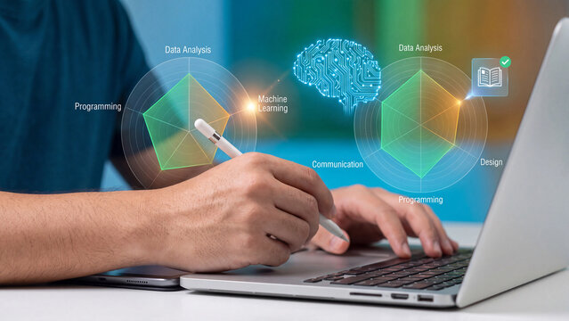Skill assessment and competency analysis concept. Man using laptop with radar charts of data analysis, programming and machine learning skills for career development and professional growth