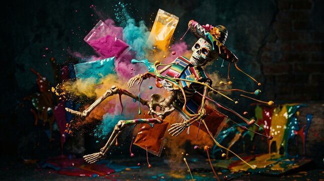 Esqueleto tradicional con sarape y sombrero levitando entre una explosi&oacute;n din&aacute;mica de polvos y pintura de colores, concepto festivo de D&iacute;a de los Muertos y cultura mexicana.