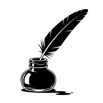 Black feather quill pen in an inkwell with ink spill