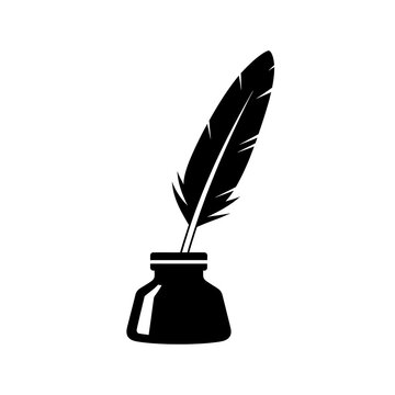 Black feather quill pen in an inkwell