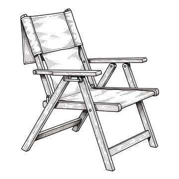Foldable wooden deck chair with canvas seat and backrest in relaxed position