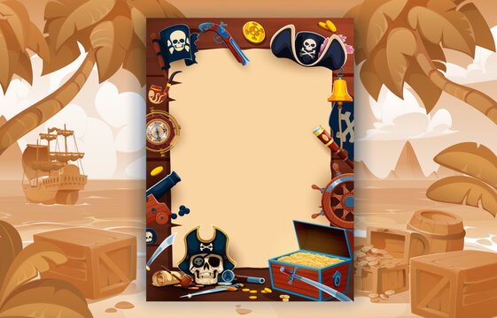Kids pirate photo frame or flyer template. Cartoon pirate captain hat, treasure chest, map and compass, black skull and crossbones flag kids photo frame borders at treasure island background