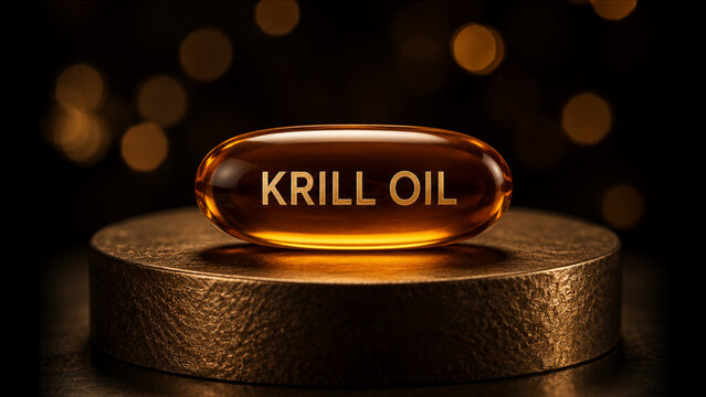 The image shows a krill oil capsule placed on a round golden surface. The background is dark with bright lights that create a soft glow