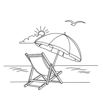 Folded beach deck chair with umbrella on sandy shore under a sunny sky