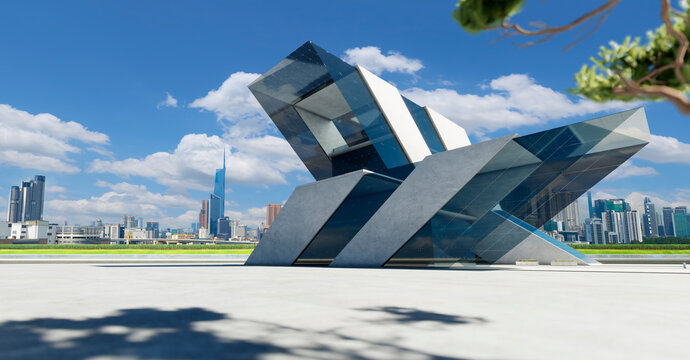 3d rendering modern futuristic building with abstract glass and concrete design
