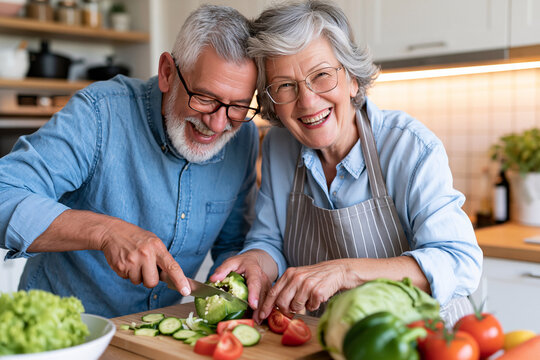 Senior couple shares joyful cooking moment together. They laugh while chopping vegetables at home kitchen. Natural light brightens warm, cozy kitchen space. Their hands work in tandem