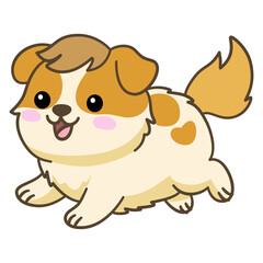 Obraz premium Cute puppy running happily with open mouth, active brown and white kawaii cartoon dog vector illustration for pet care, stickers, and children apparel.