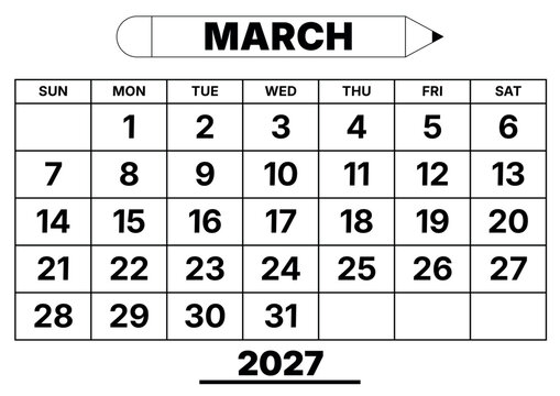 March 2027 calendar planner template vector design, simple black and white monthly schedule grid, clean pencil theme organizer for office planning
