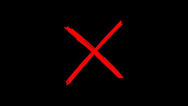 Hand-drawn red X mark animation, sketchy cross wrong answer symbol on black background, loop