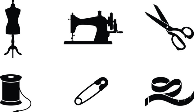 Tailoring and fashion design atelier equipment icons set featuring mannequin sewing machine dressmaker scissors thread spool safety pin and measuring tape vectors