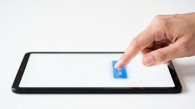 of male hand touching blue pay button on tablet screen for online shopping, secure digital transaction, e-commerce payment, financial technology, buying goods via internet