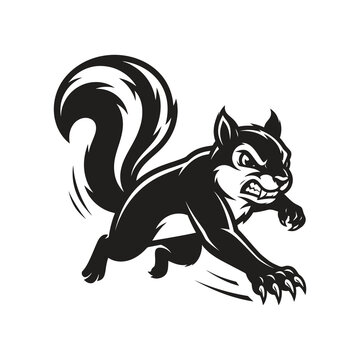 Angry aggressive squirrel jumping or attacking black and white vector mascot