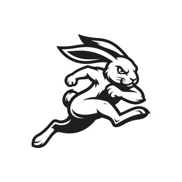 Fast running rabbit or hare mascot black and white vector illustration