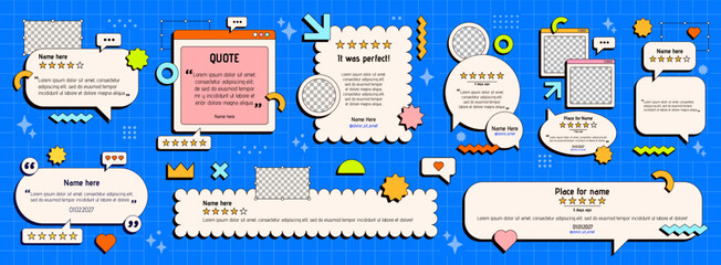 Naklejka premium Pack with different size testimony layouts drawn in neo brutalism style. Story, post and web banner size.