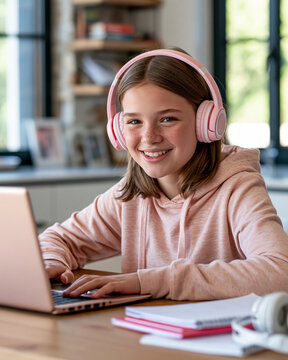 Young girl smiles while wearing pink headphones. She types on laptop at wooden desk. Soft daylight streams through window behind. Books and notebook rest nearby on table