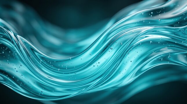 An abstract, glossy cyan liquid wave with smooth refractions and floating air bubbles on a dark background.