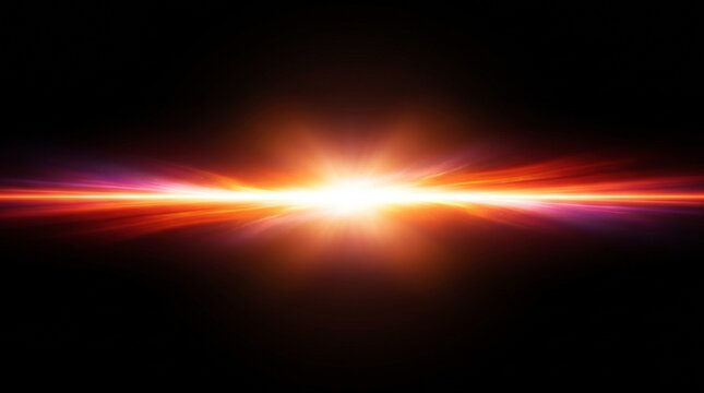A brilliant horizontal light streak with warm orange and red glow bursting across a black background. 