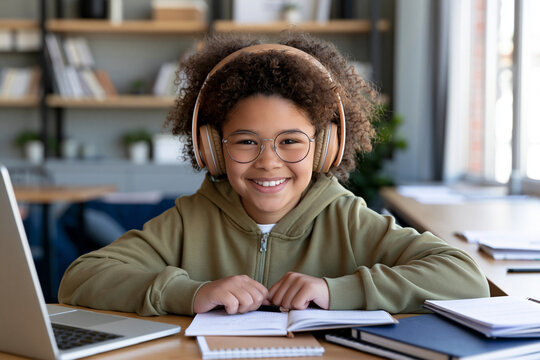 Young learner smiles warmly while wearing headphones. Focused on study, they sit at a desk with books open. Laptop rests beside them, suggesting digital learning. Bright room features shelves