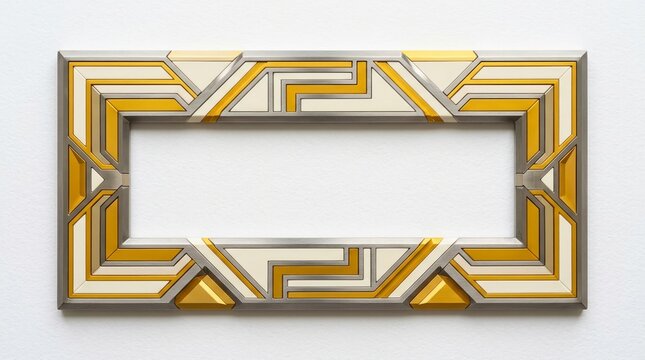 Rectangular Decorative Frame With Gold And White Geometric Patterns On Silver Metal Surface