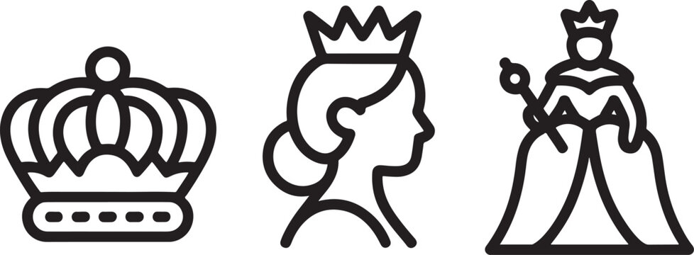 Set of three black and white line art icons representing a royal crown queen profile and queen figure