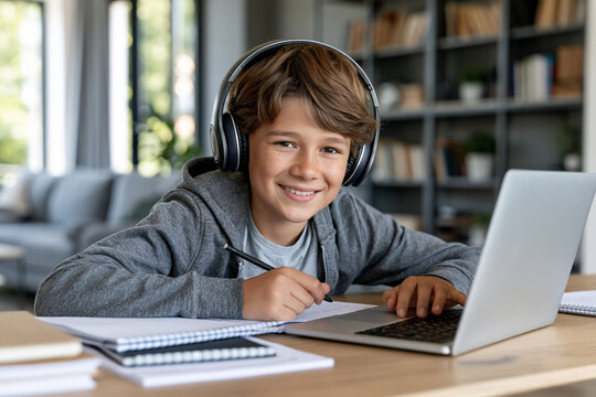 Young boy smiles while studying at home. He wears headphones and writes in a notebook. Laptop sits open beside his desk. Natural light shines through large windows. Cozy living room with bookshelves