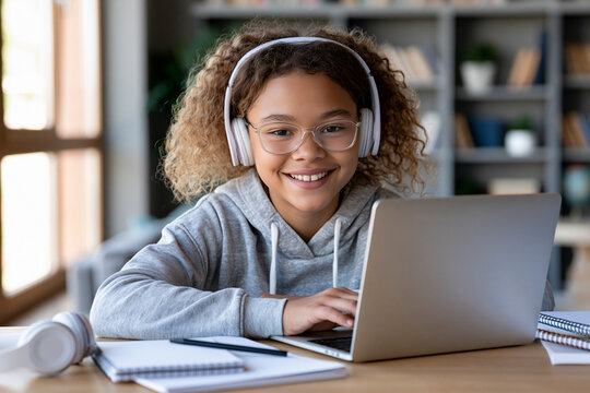 Young girl smiles while using laptop at desk. She wears headphones and glasses. Natural light streams through nearby window. Books and notebooks sit beside her laptop. She appears focused and happy