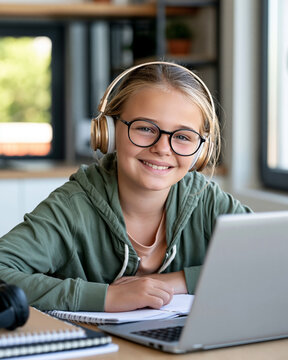 Girl smiles while studying with laptop and headphones. Glasses and hoodie suggest focused, cozy learning. Natural light illuminates her calm, happy expression. Perfect for online education