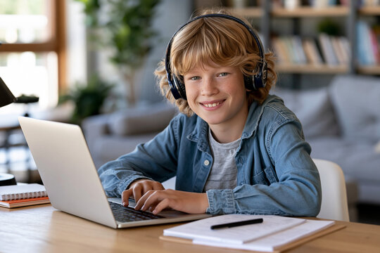 Brightly smiling boy wears headphones at laptop. Fingers tap keys as he learns or creates. Cozy room holds books, plants, and soft light. Young learner engaged with technology in comfort
