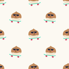 cute chestnut character on skateboard in sunglasses seamless pattern flat vector illustration cool happy autumn harvest food repeat texture background © Igor