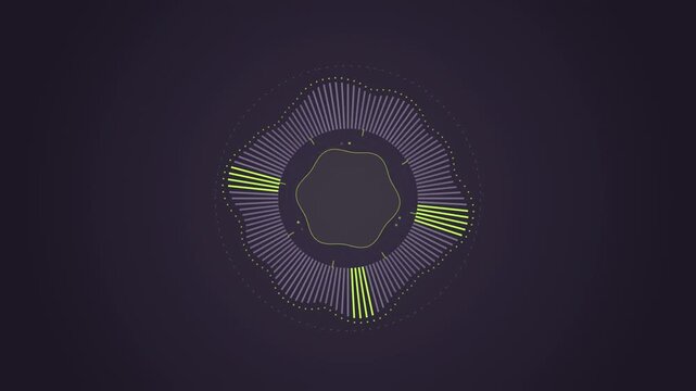 Abstract animated spectrum analysed around a ring drawn as green and teal lines and shapes on a deep dark background. Seamless looping 4K motion graphics video with free space for text, ideal for tech