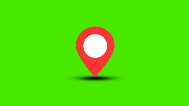 Red location pin icon animation, map marker bounce element on green screen chroma key background