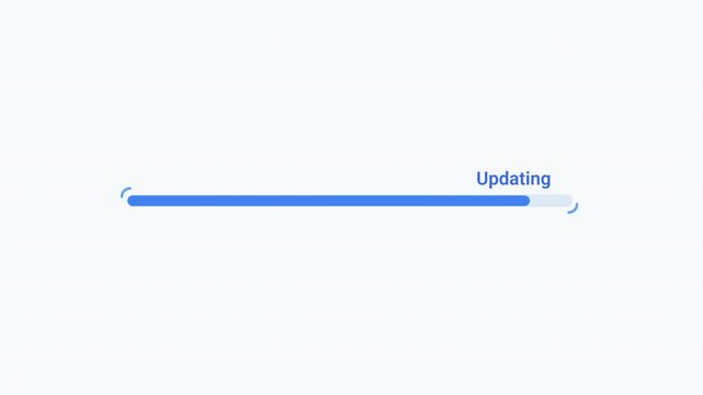 Minimal blue progress bar animation with an updating status indicator on a clean light background, representing software updates, processing, system activity, and digital workflow.