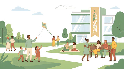 Fototapeta premium Diverse families and friends enjoying outdoor picnic and kite flying in urban park with modern buildings